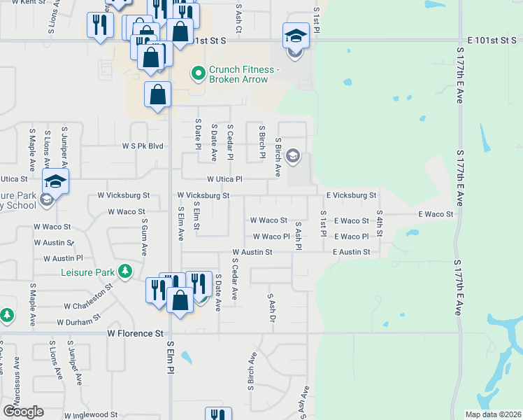 map of restaurants, bars, coffee shops, grocery stores, and more near 4309 West 44th Place in Broken Arrow