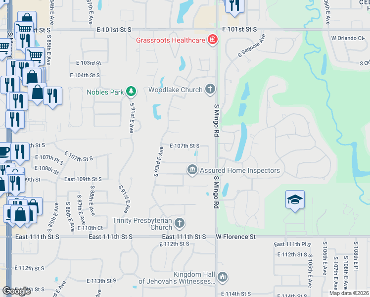 map of restaurants, bars, coffee shops, grocery stores, and more near 10713 South 95th East Court in Tulsa