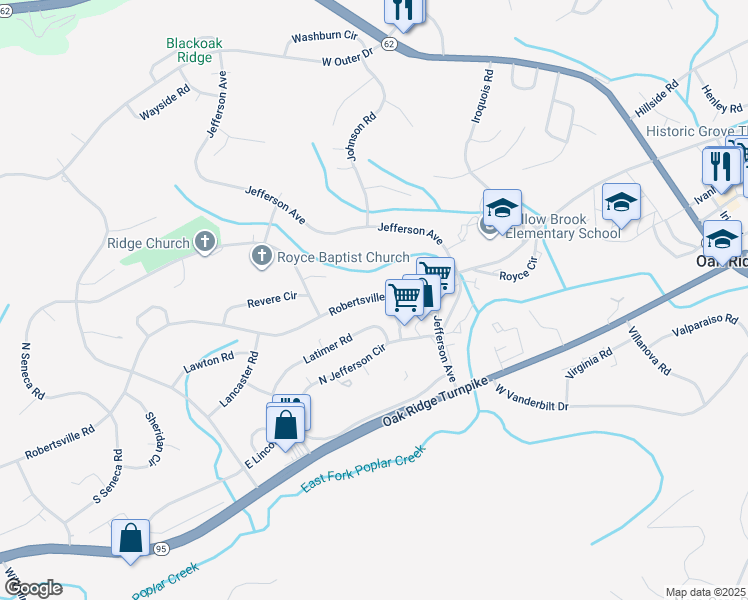 map of restaurants, bars, coffee shops, grocery stores, and more near 367 Robertsville Road in Oak Ridge