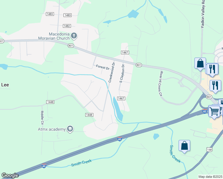 map of restaurants, bars, coffee shops, grocery stores, and more near 191 Creekwood Drive in Advance