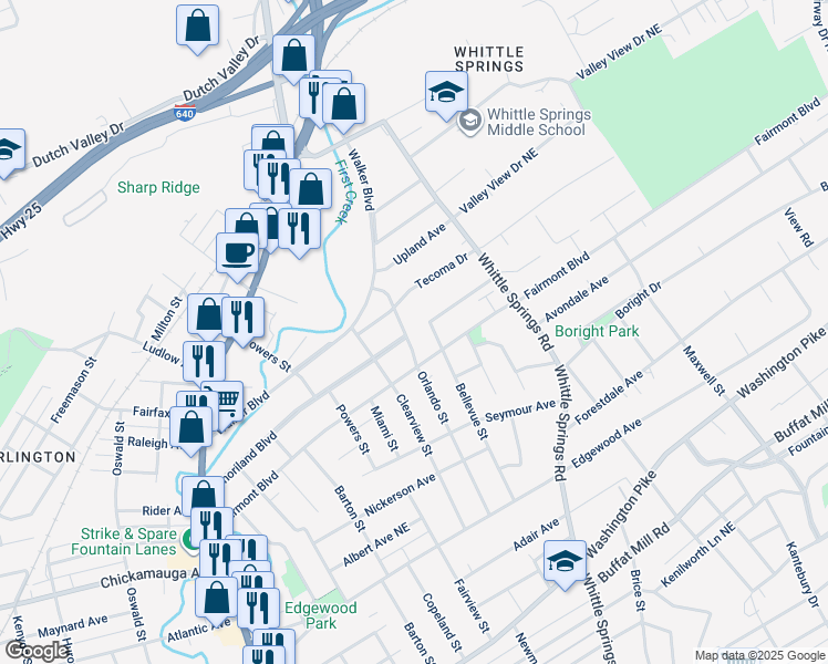 map of restaurants, bars, coffee shops, grocery stores, and more near 3426 Orlando Street in Knoxville