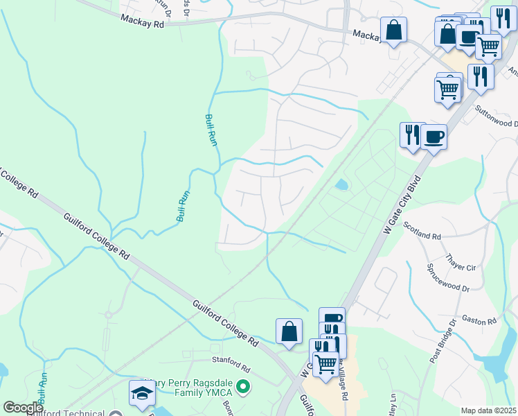 map of restaurants, bars, coffee shops, grocery stores, and more near 3804 Hunt Chase Drive in Greensboro