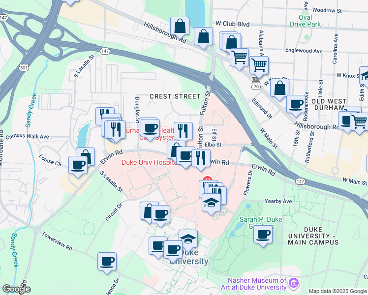 map of restaurants, bars, coffee shops, grocery stores, and more near 508 Fulton Street in Durham