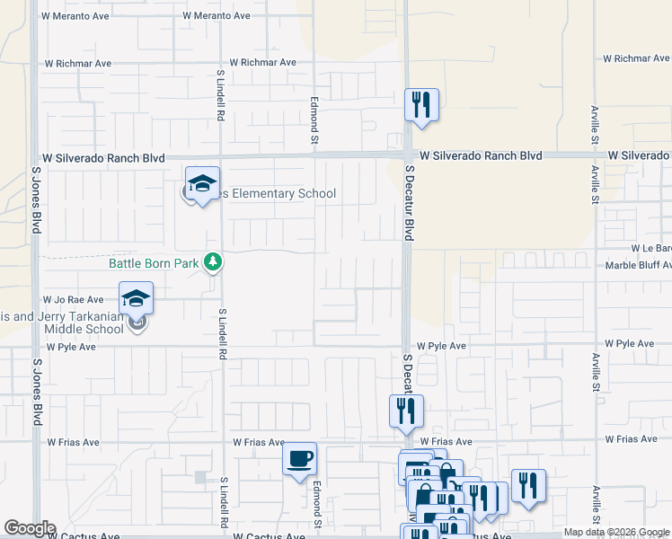 map of restaurants, bars, coffee shops, grocery stores, and more near 9951 Mills Reef Court in Las Vegas