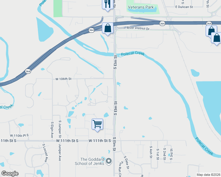 map of restaurants, bars, coffee shops, grocery stores, and more near 10619 South Forest Avenue in Jenks