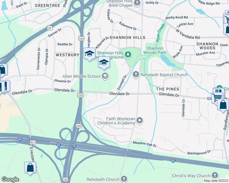 map of restaurants, bars, coffee shops, grocery stores, and more near in Greensboro