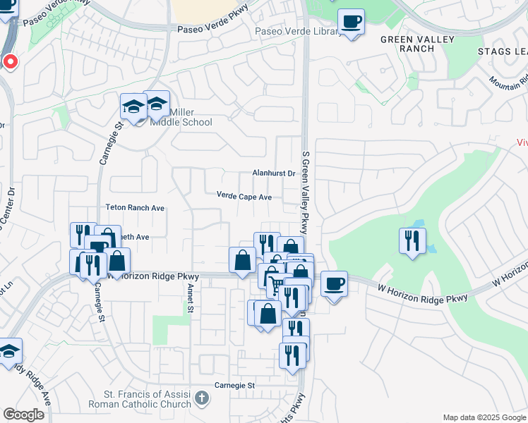 map of restaurants, bars, coffee shops, grocery stores, and more near 509 Melrose Heights Street in Henderson