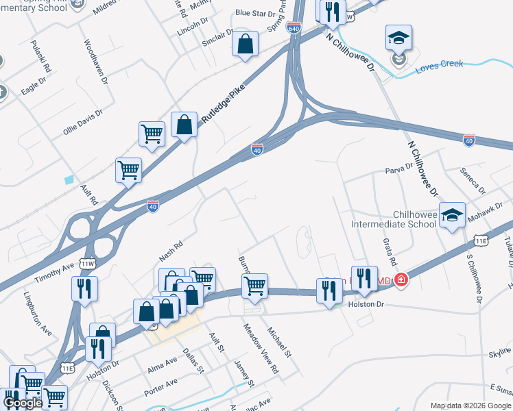 map of restaurants, bars, coffee shops, grocery stores, and more near 428 Burns Road in Knoxville
