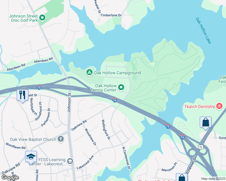 map of restaurants, bars, coffee shops, grocery stores, and more near 3401 North Centennial Street in High Point