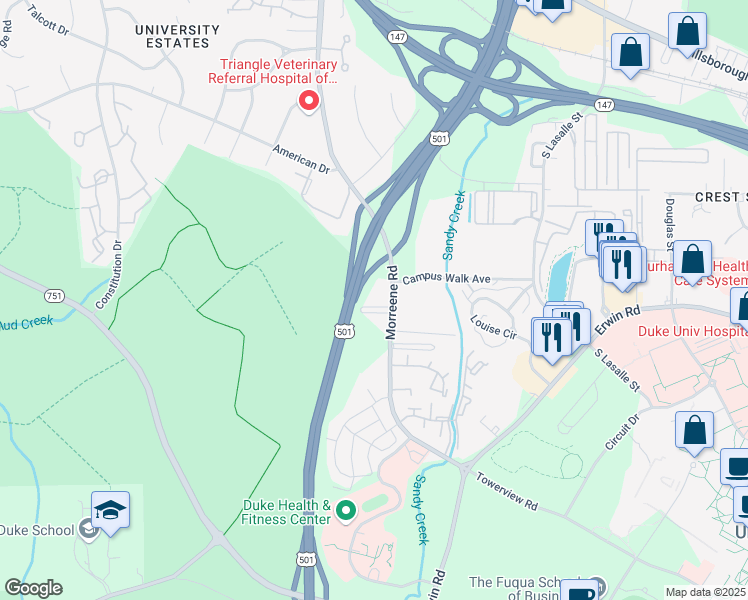 map of restaurants, bars, coffee shops, grocery stores, and more near 930 Morreene Road in Durham
