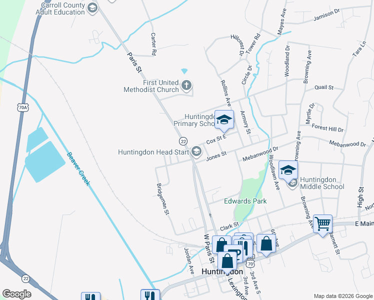 map of restaurants, bars, coffee shops, grocery stores, and more near 13368 Paris St in Huntingdon