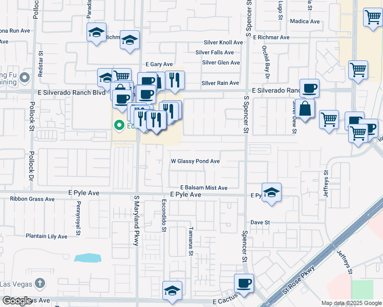 map of restaurants, bars, coffee shops, grocery stores, and more near 1505 Falling Snow Avenue in Las Vegas