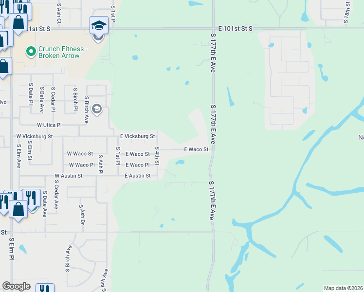 map of restaurants, bars, coffee shops, grocery stores, and more near 608 East Waco Street in Broken Arrow
