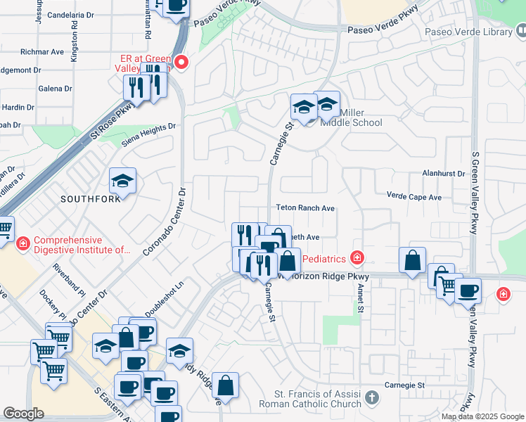 map of restaurants, bars, coffee shops, grocery stores, and more near 509 Chance Cove Drive in Henderson