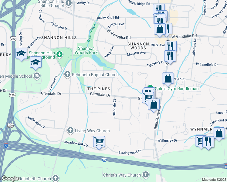 map of restaurants, bars, coffee shops, grocery stores, and more near 3405 Bristle Cone Road in Greensboro