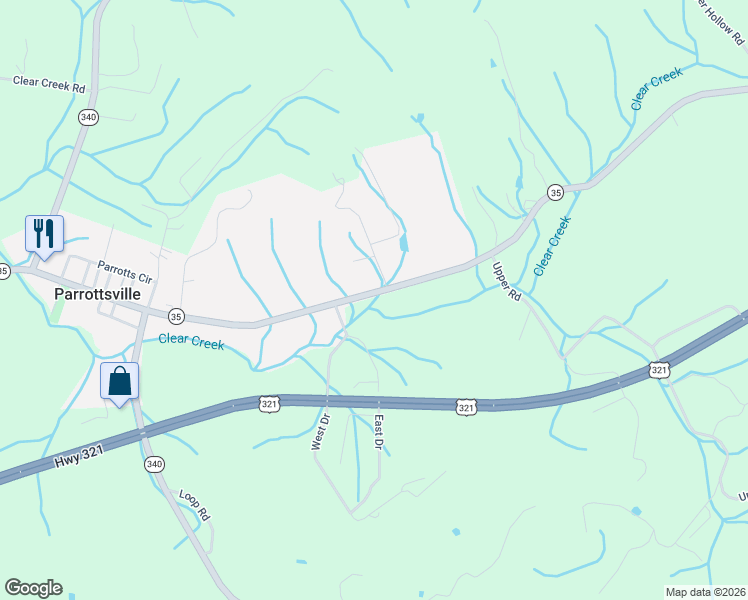 map of restaurants, bars, coffee shops, grocery stores, and more near 2225 Highway 321 in Parrottsville