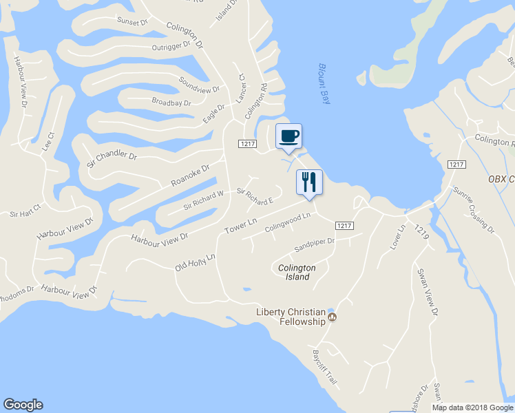 map of restaurants, bars, coffee shops, grocery stores, and more near 202 Sir Richard East in Kill Devil Hills