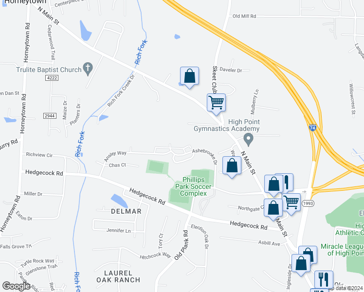 map of restaurants, bars, coffee shops, grocery stores, and more near 450 Ridgebrooke Drive in High Point