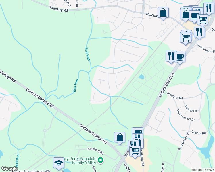 map of restaurants, bars, coffee shops, grocery stores, and more near 3807 Hunt Chase Drive in Greensboro