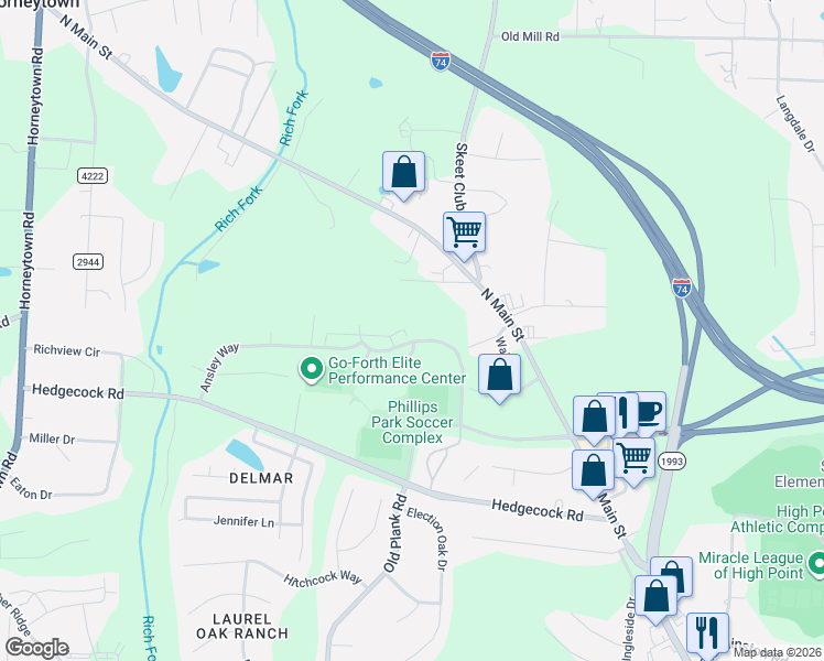 map of restaurants, bars, coffee shops, grocery stores, and more near 450 Ridgebrooke Drive in High Point