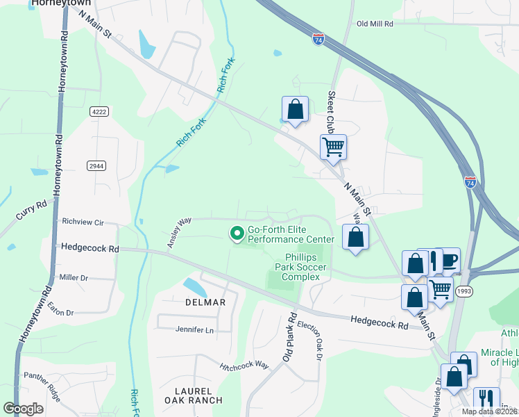 map of restaurants, bars, coffee shops, grocery stores, and more near 490 Ridgebrooke Drive in High Point