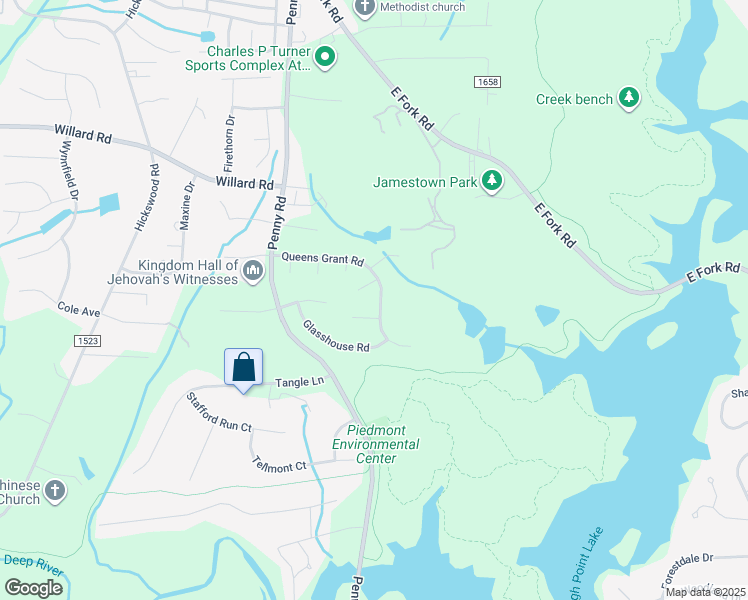 map of restaurants, bars, coffee shops, grocery stores, and more near 4106 Queens Grant Road in Jamestown