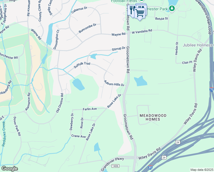 map of restaurants, bars, coffee shops, grocery stores, and more near 4102 Auburn Hills Drive in Greensboro