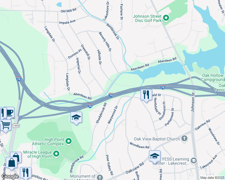 map of restaurants, bars, coffee shops, grocery stores, and more near 602 Aberdeen Road in High Point