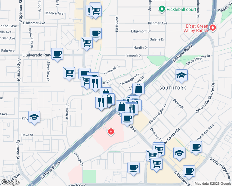 map of restaurants, bars, coffee shops, grocery stores, and more near 449 Temple Canyon Place in Henderson