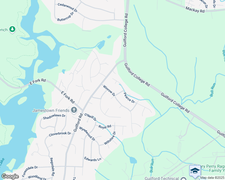 map of restaurants, bars, coffee shops, grocery stores, and more near 109 Winrow Drive in Jamestown