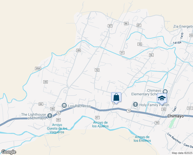 map of restaurants, bars, coffee shops, grocery stores, and more near 102 County Road 92 in Chimayo