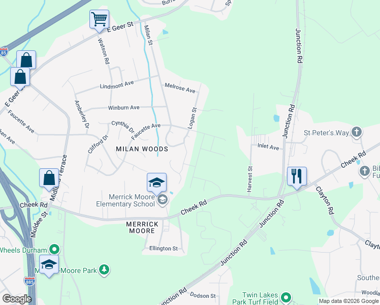 map of restaurants, bars, coffee shops, grocery stores, and more near 1324 Logan Street in Durham