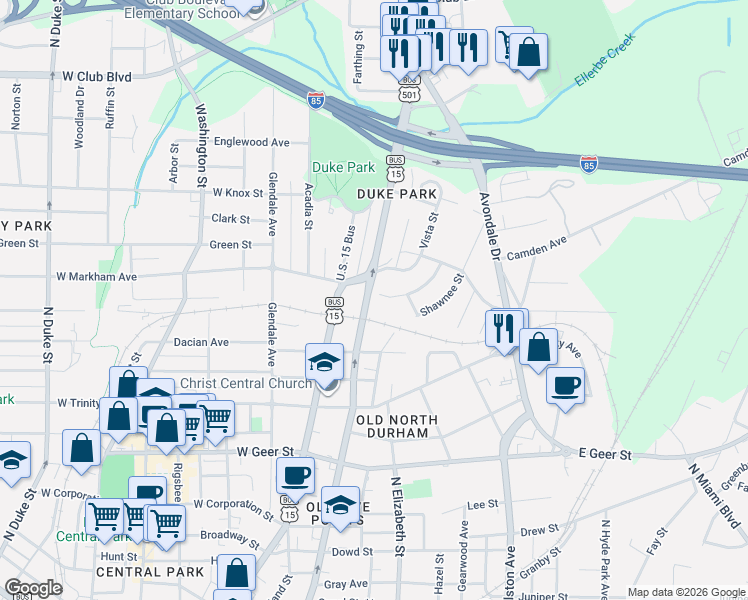 map of restaurants, bars, coffee shops, grocery stores, and more near 1510 Hollywood Street in Durham