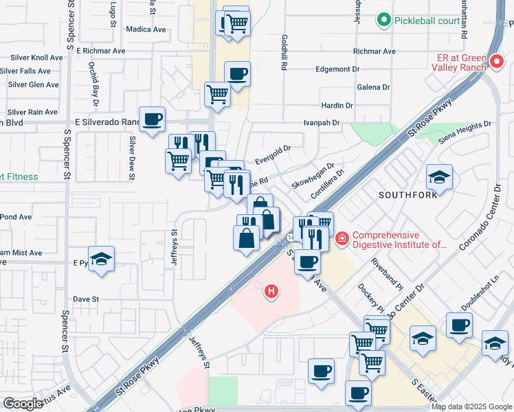 map of restaurants, bars, coffee shops, grocery stores, and more near 2906 Rivulet Lane in Henderson