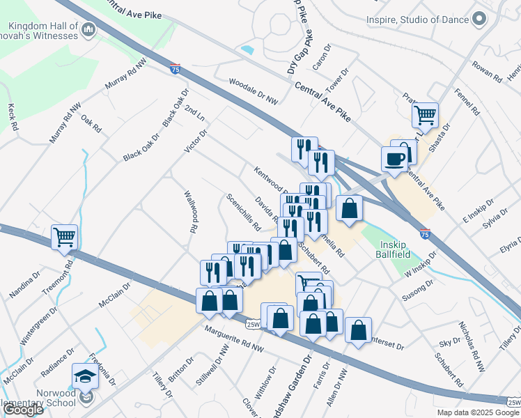 map of restaurants, bars, coffee shops, grocery stores, and more near 5615 Davida Road Northwest in Knoxville