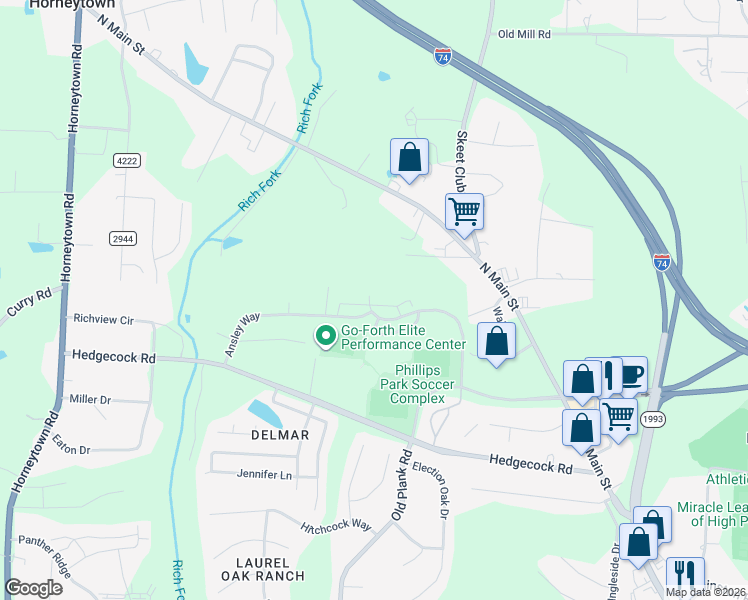 map of restaurants, bars, coffee shops, grocery stores, and more near 490 Ridgebrooke Drive in High Point