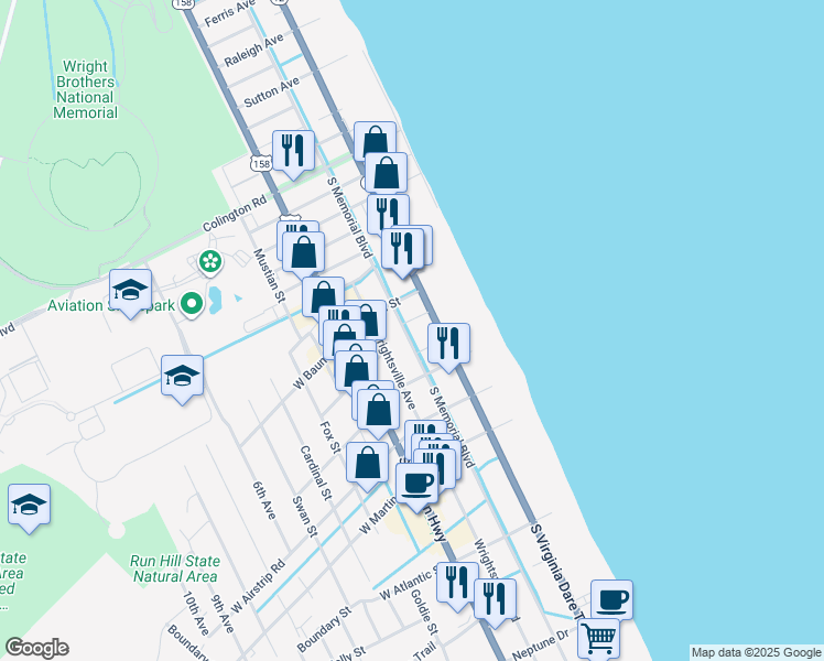 map of restaurants, bars, coffee shops, grocery stores, and more near 815 South Memorial Boulevard in Kill Devil Hills