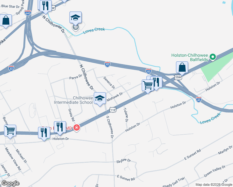 map of restaurants, bars, coffee shops, grocery stores, and more near 5207 Mohawk Drive in Knoxville