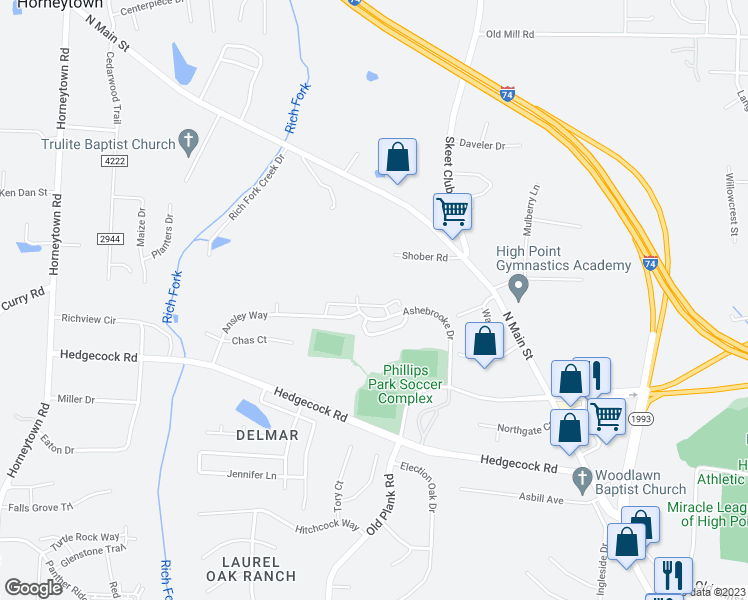 map of restaurants, bars, coffee shops, grocery stores, and more near 476 Ridgebrooke Drive in High Point