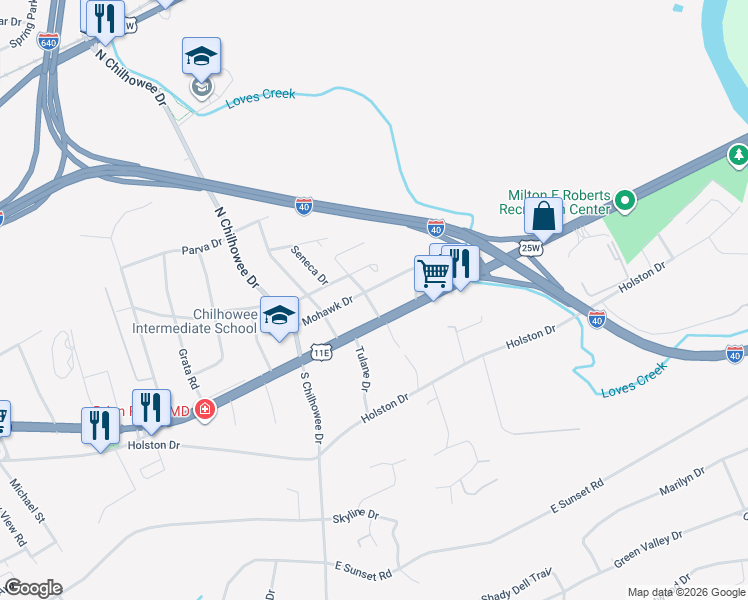 map of restaurants, bars, coffee shops, grocery stores, and more near 102 Seminole Drive in Knoxville