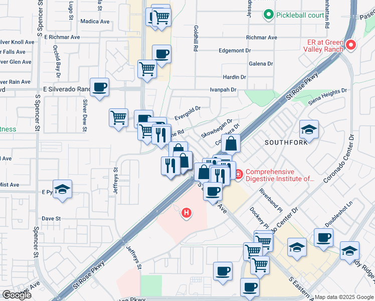 map of restaurants, bars, coffee shops, grocery stores, and more near Winthrop Place in Henderson