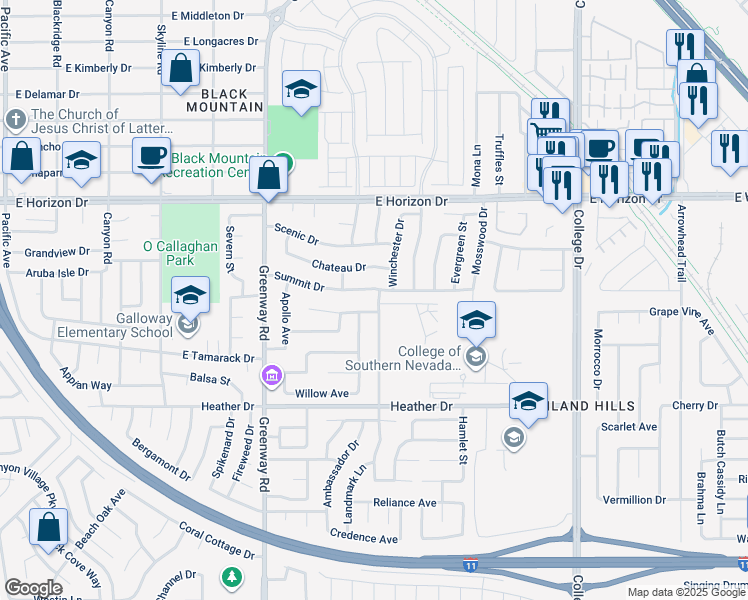 map of restaurants, bars, coffee shops, grocery stores, and more near 635 Chimney Rock Drive in Henderson