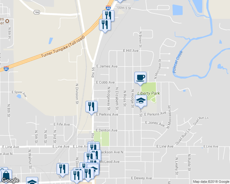 map of restaurants, bars, coffee shops, grocery stores, and more near 708 North Elizabeth Street in Sapulpa