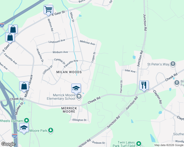 map of restaurants, bars, coffee shops, grocery stores, and more near 1321 Logan Street in Durham