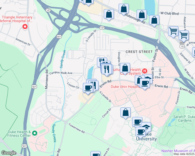 map of restaurants, bars, coffee shops, grocery stores, and more near 2616 Erwin Road in Durham