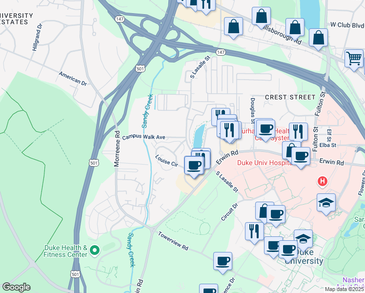 map of restaurants, bars, coffee shops, grocery stores, and more near 2729 Brown Avenue in Durham