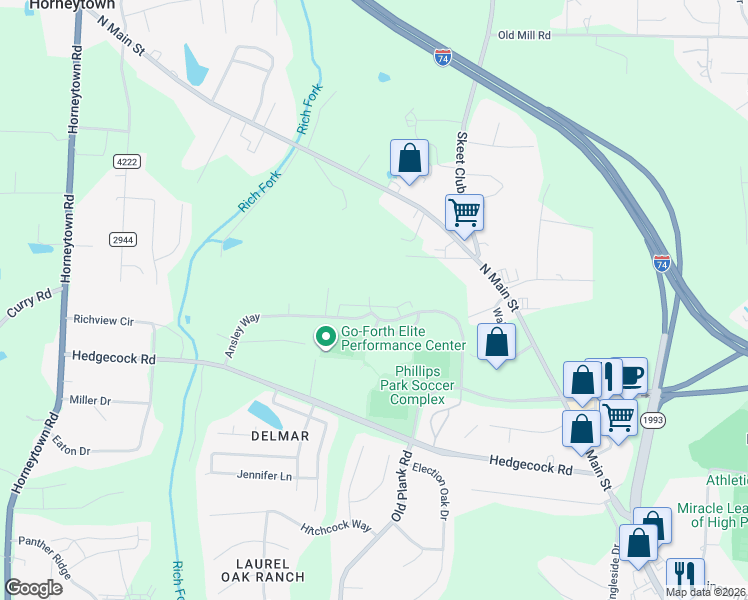 map of restaurants, bars, coffee shops, grocery stores, and more near 490 Ridgebrooke Drive in High Point
