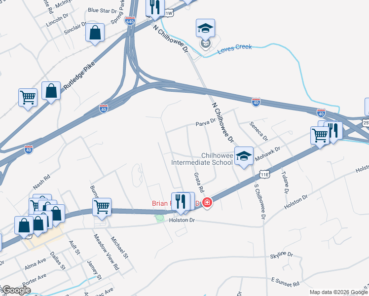 map of restaurants, bars, coffee shops, grocery stores, and more near 301 Grata Road in Knoxville