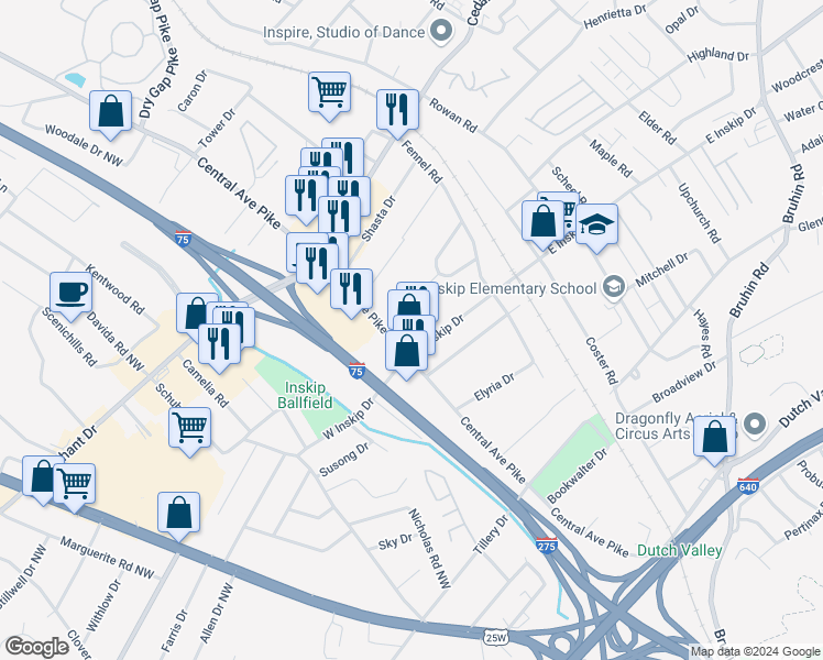 map of restaurants, bars, coffee shops, grocery stores, and more near 4808 Central Avenue Pike in Knoxville