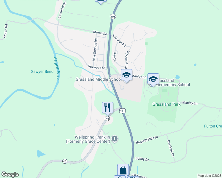 map of restaurants, bars, coffee shops, grocery stores, and more near 234 Boxwood Drive in Franklin